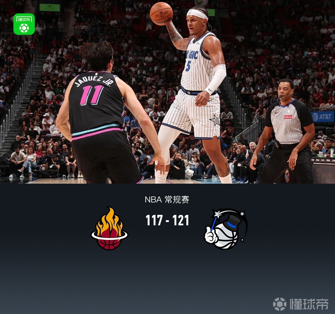 魔术121-117终结热火7连胜，班凯罗27+8+7，阿德巴约20+7，希罗14中4